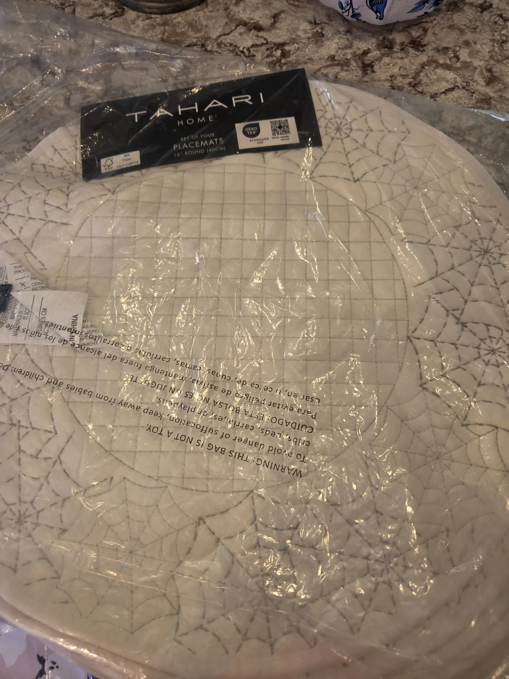 Tahari Cream Quilted Round Placemats with Subtle Gray Stitching - Set of 4